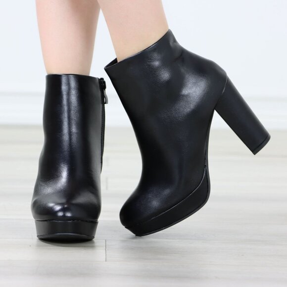 Black Faux Leather Ankle Boots Side Zipper Platform High Heels - Picture 7 of 15